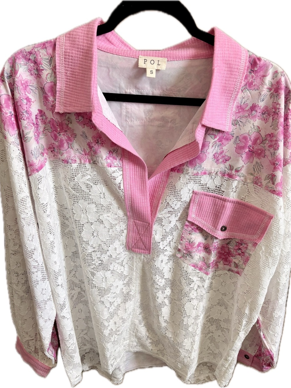 POL Pink Floral Lace Long Sleeve Polo Top